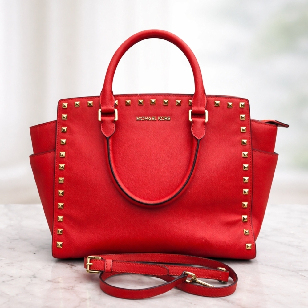 Michael Kors Red Studded Tote Purse with Crossbody Strap